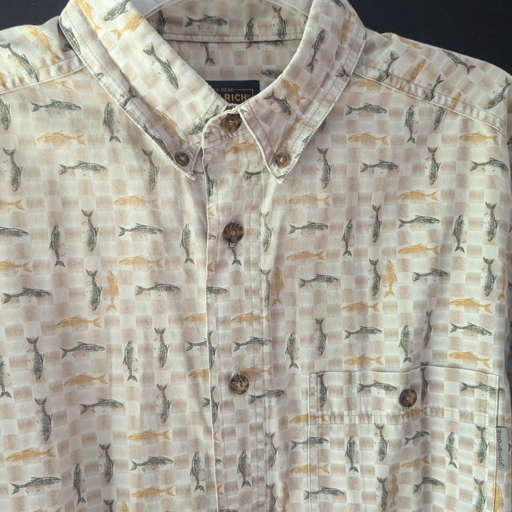 Vtg Woolrich Fish Print Button Down Shirt Tan Green Long Sleeve Fits Mens‎ Sz XL